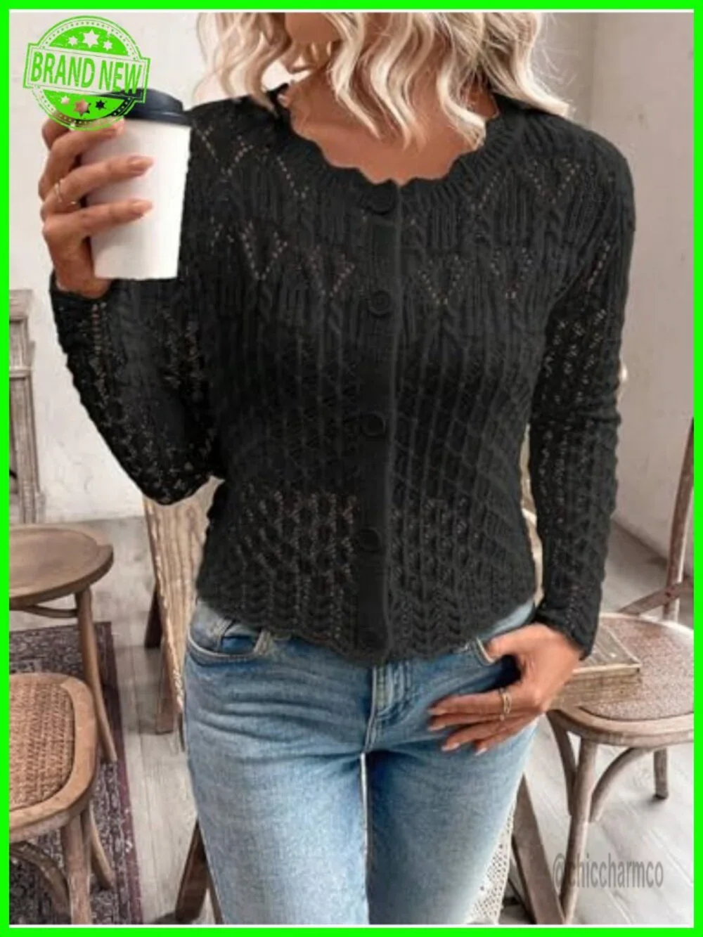 Women's Hollow Out Knit Cardigan Scalloped Crewneck Cropped Sweater Long Sleeve